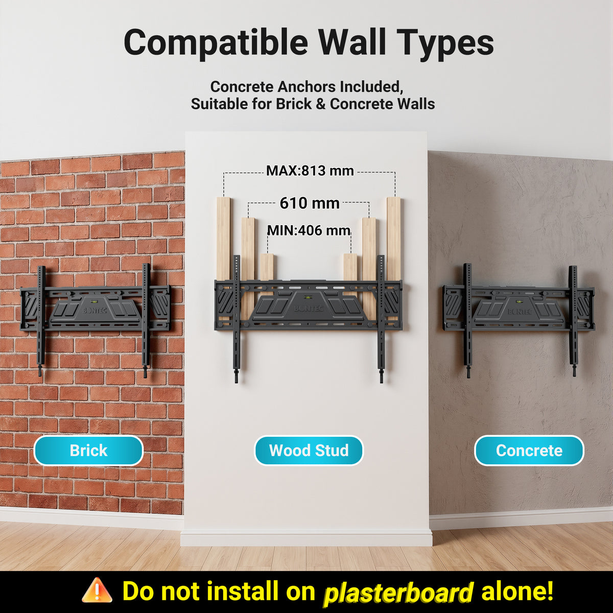 BONTEC Fixed TV Wall Bracket for 43 to 100 Inch Flat and Curved TVs, Ultra Slim 23 mm Low Profile, Heavy Duty 100 kg Load Capacity, Max VESA 800x600mm, Single Piece Plate, Clean Flush Fit Design