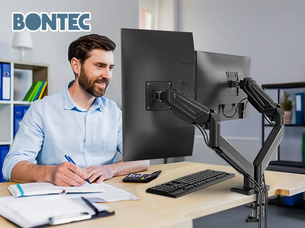 BONTEC Dual Monitor Stand for 24-34 Inch Screens, Adjustable Gas Spring Monitor Arm Desk Mount, Full Motion Adjustment, VESA 75x75 100x100, C Clamp, Ergonomic for Office or Gaming, Cable Management