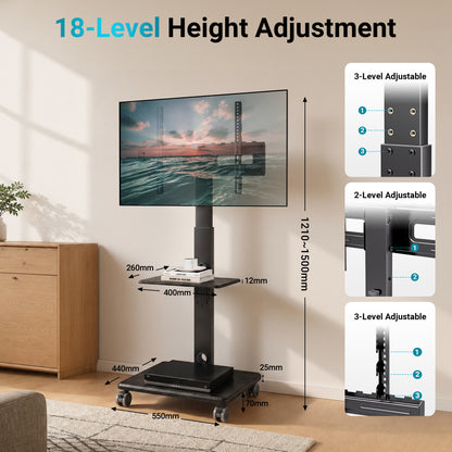 BONTEC TV Stand on Wheels, 5 Wheel Wooden Base Rolling Floor Mount for 32 to 80 inch TVs, Portable Mobile Cart, Wide Column, 60 kg, VESA 600x400, Smooth Castors, Dual Cable System, Height Adjustable