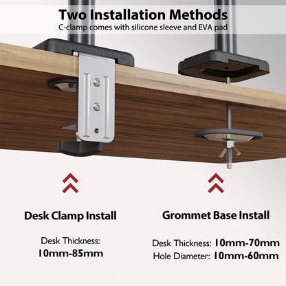 BONTEC Single Monitor Arm Desk Mount for 13-32 Inch Screens, Adjustable Gas Spring Arm Stand, VESA 75/100mm, 9kg Capacity, Tilt, Swivel, 360° Rotation, C-Clamp & Grommet Options, Ergonomic Design