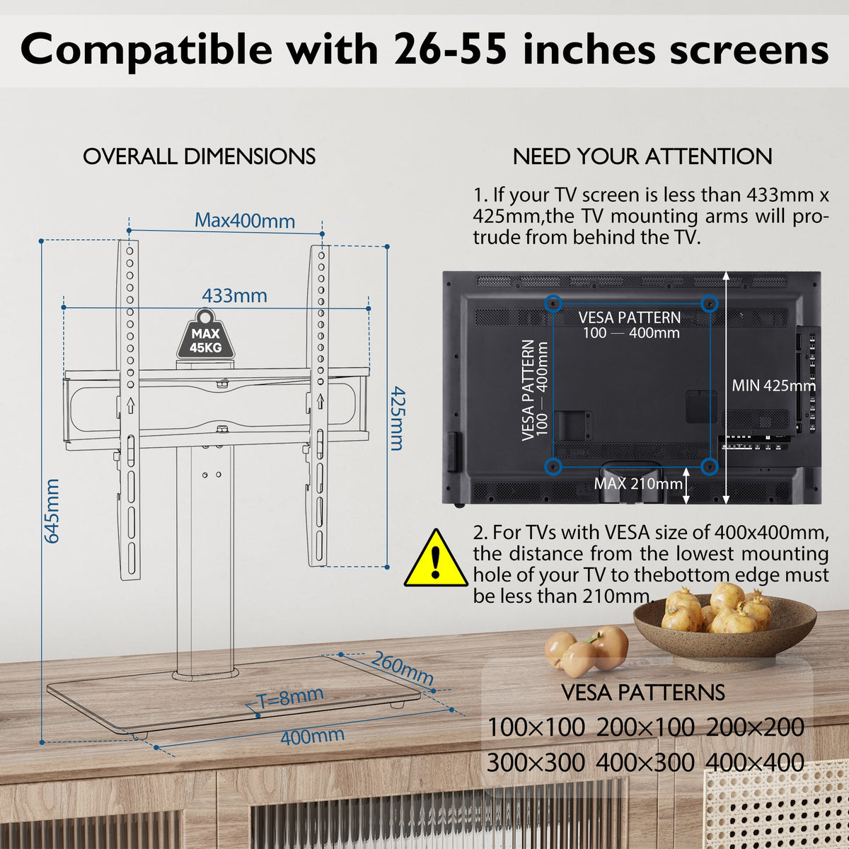 BONTEC Swivel Table Top TV Stand with Bracket for 26-55 inch LED OLED LCD Plasma Flat Curved Screens Height Adjustable TV stand with Tempered Glass Base Max. VESA 400x400mm up to 45KG