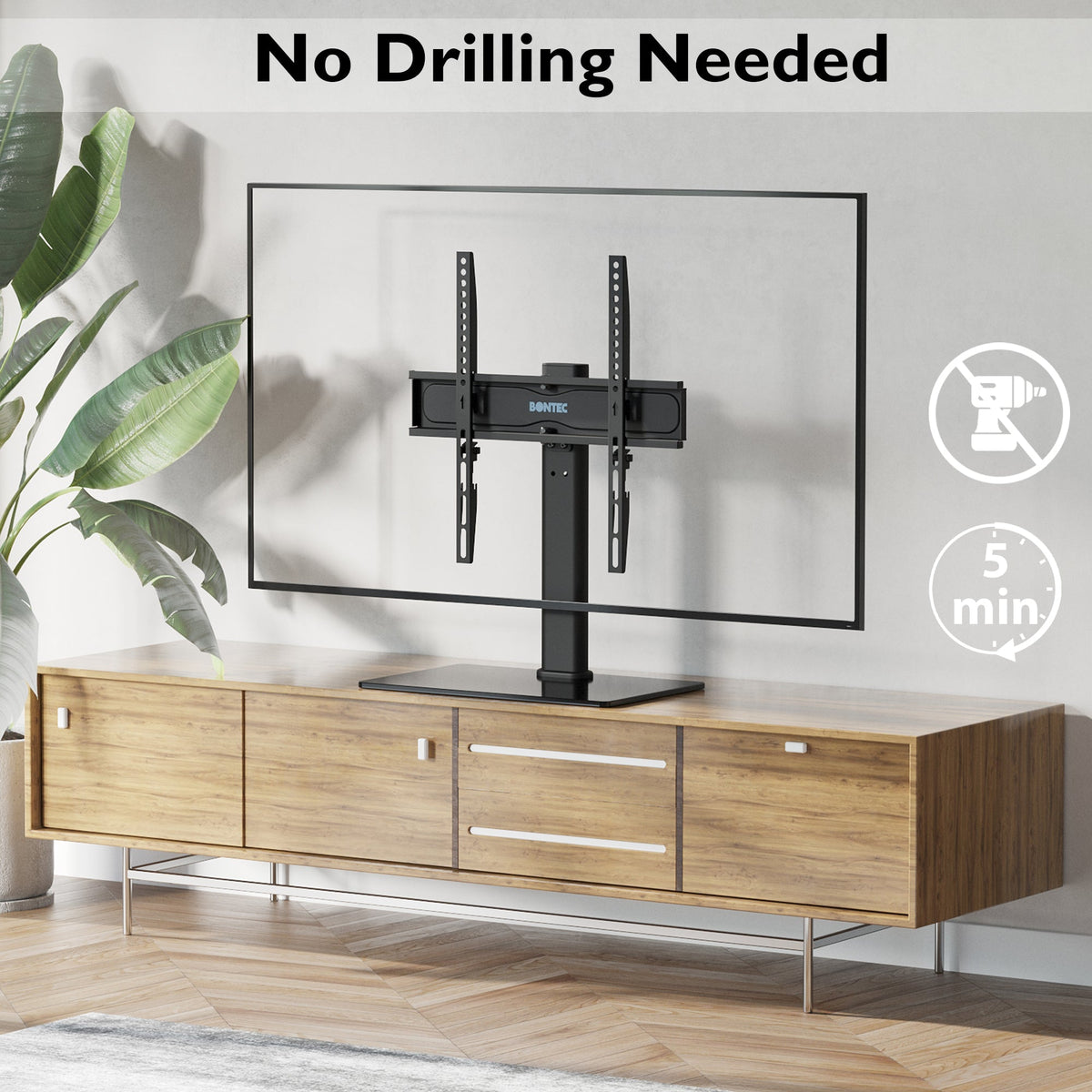 BONTEC Swivel Table Top TV Stand with Bracket for 26-55 inch LED OLED LCD Plasma Flat Curved Screens Height Adjustable TV stand with Tempered Glass Base Max. VESA 400x400mm up to 45KG