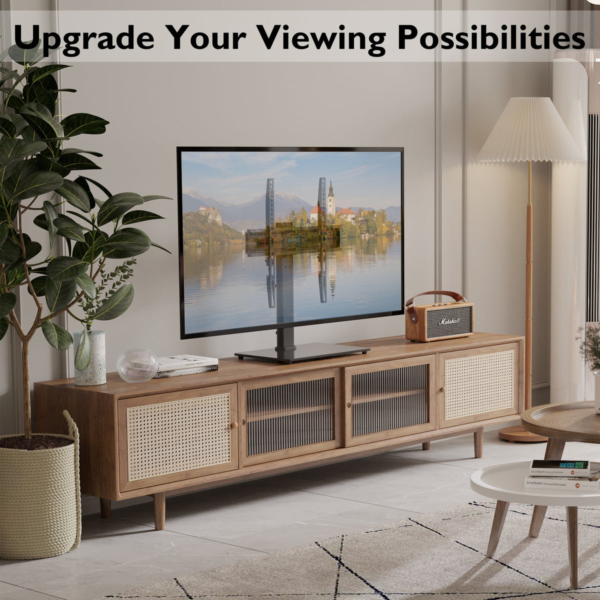 BONTEC Swivel Table Top TV Stand with Bracket for 26-55 inch LED OLED LCD Plasma Flat Curved Screens Height Adjustable TV stand with Tempered Glass Base Max. VESA 400x400mm up to 45KG