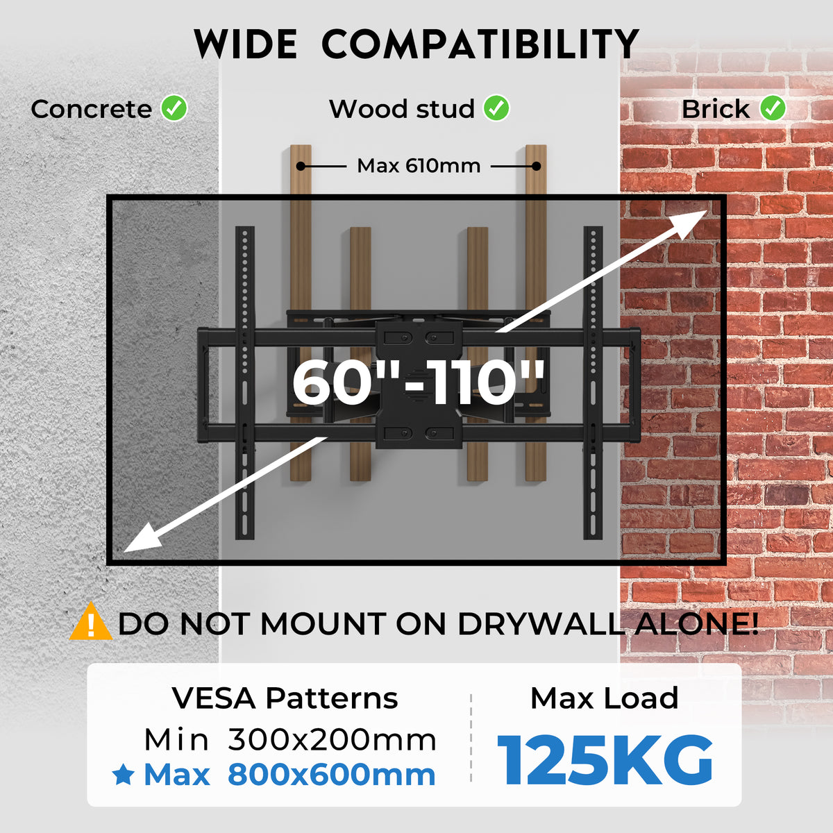 BONTEC TV Wall Bracket for 60-110 Inch TVs, Holds Up to 125kg, Heavy Duty Steel Wall Mount, Extends Up to 1016mm, Max VESA 800x600mm, Swivel and Tilt Wall Bracket with Dual Arms, Full Motion Design
