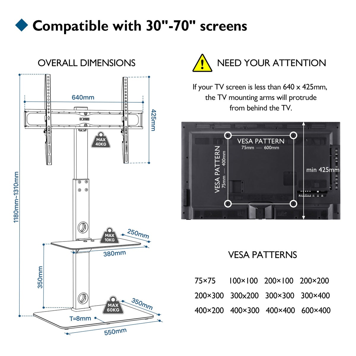 BONTEC Universal Floor TV Stand for 30-70 inch LED OLED LCD Plasma Flat Curved Screens