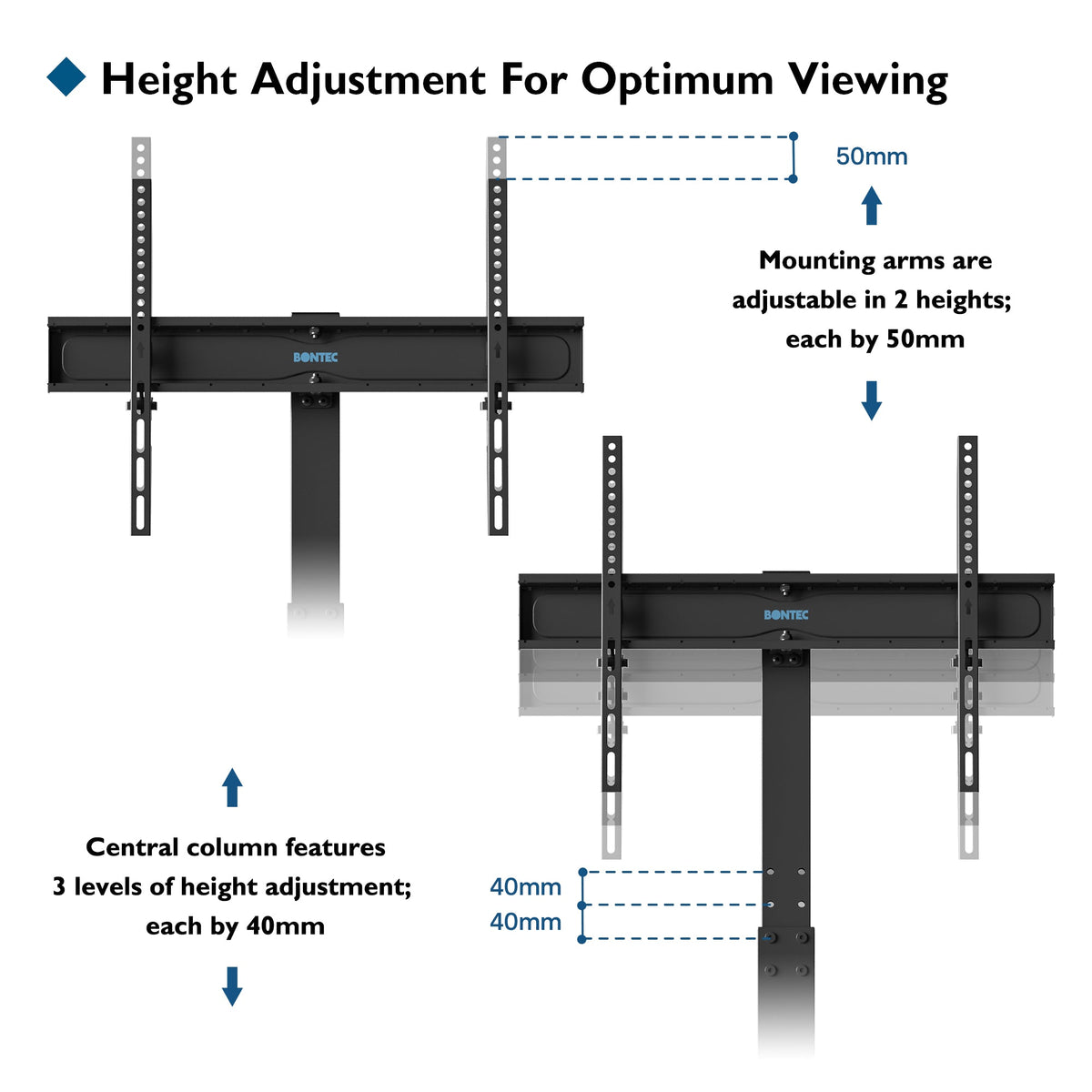 BONTEC Universal Floor TV Stand for 30-70 inch LED OLED LCD Plasma Flat Curved Screens, Height Adjustable Tall TV Stand with 3-Tier Tempered Glass Shelves up to 40KG, Max VESA 600x400mm