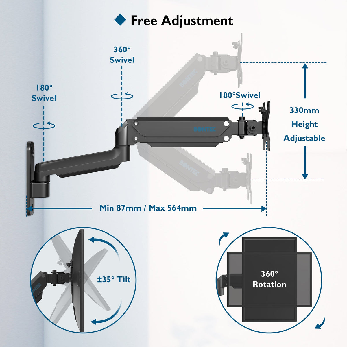 BONTEC Support Mural pour Moniteur, Ressort à Gaz, pour Écrans 13-32", Bras de Moniteur Réglable en Hauteur, Inclinaison, Pivotement et Rotation, VESA 75x75, 100x100mm, Jusqu'à 9KG, Robuste, Design Ergonomique