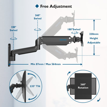 BONTEC Support Mural pour Moniteur, Ressort à Gaz, pour Écrans 13-32", Bras de Moniteur Réglable en Hauteur, Inclinaison, Pivotement et Rotation, VESA 75x75, 100x100mm, Jusqu'à 9KG, Robuste, Design Ergonomique