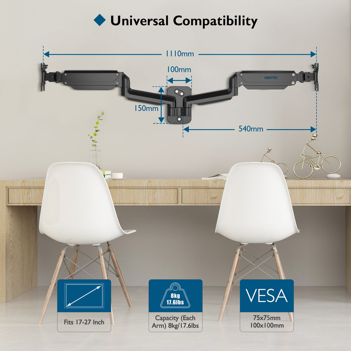 BONTEC Support Mural pour Moniteur, Ressort à Gaz, pour Écrans 13-32", Bras de Moniteur Réglable en Hauteur, Inclinaison, Pivotement et Rotation, VESA 75x75, 100x100mm, Jusqu'à 9KG, Robuste, Design Ergonomique