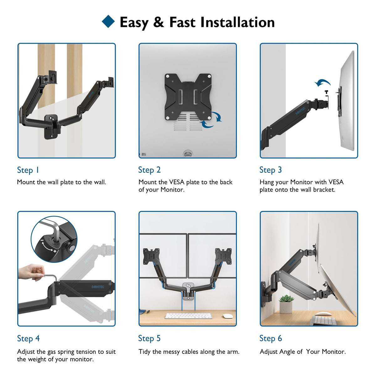 BONTEC Support Mural pour Moniteur, Ressort à Gaz, pour Écrans 13-32", Bras de Moniteur Réglable en Hauteur, Inclinaison, Pivotement et Rotation, VESA 75x75, 100x100mm, Jusqu'à 9KG, Robuste, Design Ergonomique