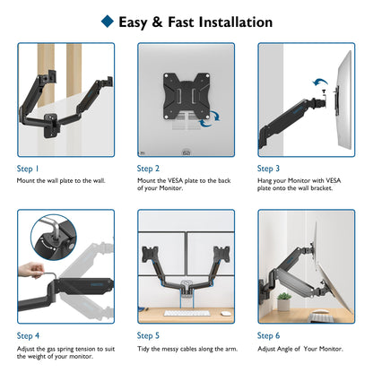 BONTEC Support Mural pour Moniteur, Ressort à Gaz, pour Écrans 13-32", Bras de Moniteur Réglable en Hauteur, Inclinaison, Pivotement et Rotation, VESA 75x75, 100x100mm, Jusqu'à 9KG, Robuste, Design Ergonomique