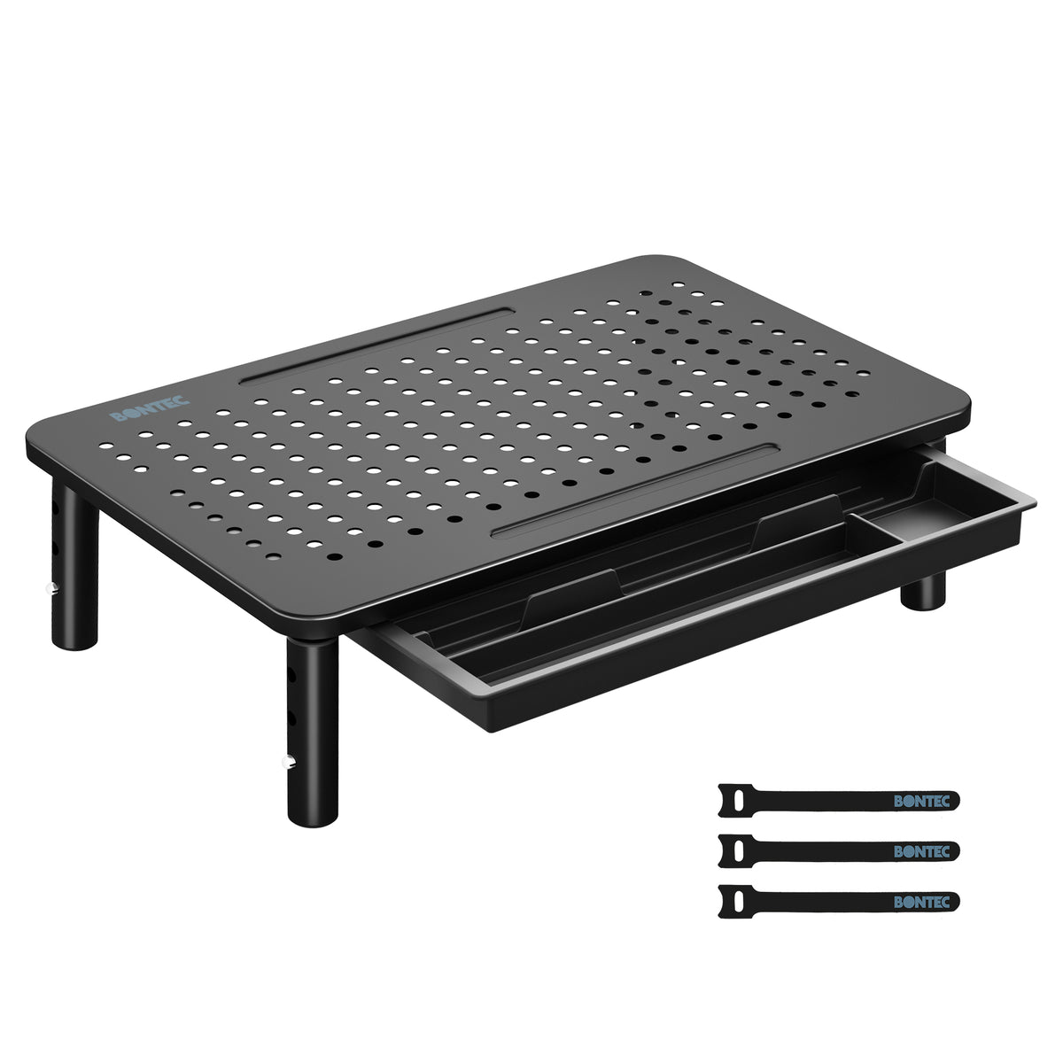 BONTEC Support d'écran avec tiroir, Rehausseur d'écran 3 hauteurs réglables pour Bureau, Plateforme en maille pour Ordinateur portable, Ordinateur, iMac, Imprimante jusqu'à 20 kg, Organisateur de bureau avec serre-câbles inclus