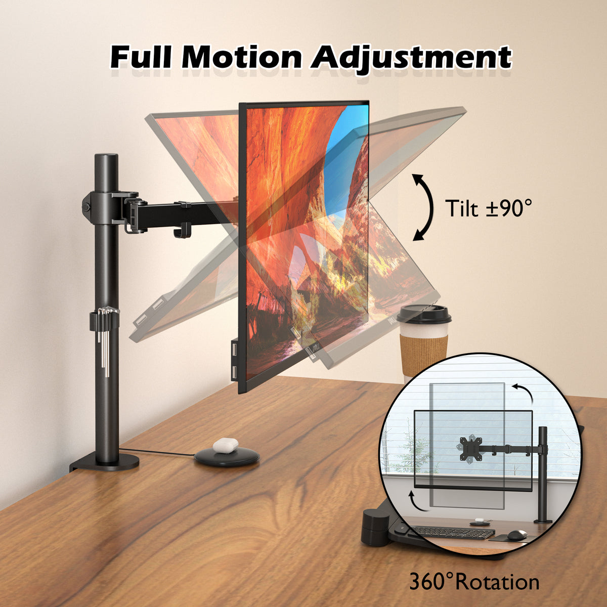 BONTEC  Single Monitor Arm Desk Mount for 13-32 Inch Screens, Height Adjustable, Tilt, Swivel, 360° Rotation, Steel VESA Mount up to 10kg, Fits 75x75/100x100mm, Ergonomic, Space-Saving, Durable Design