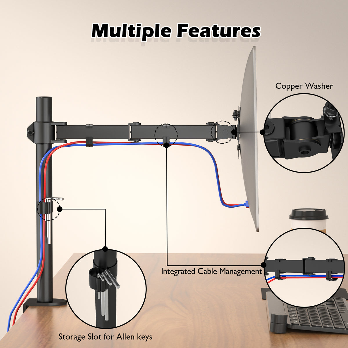 BONTEC  Single Monitor Arm Desk Mount for 13-32 Inch Screens, Height Adjustable, Tilt, Swivel, 360° Rotation, Steel VESA Mount up to 10kg, Fits 75x75/100x100mm, Ergonomic, Space-Saving, Durable Design