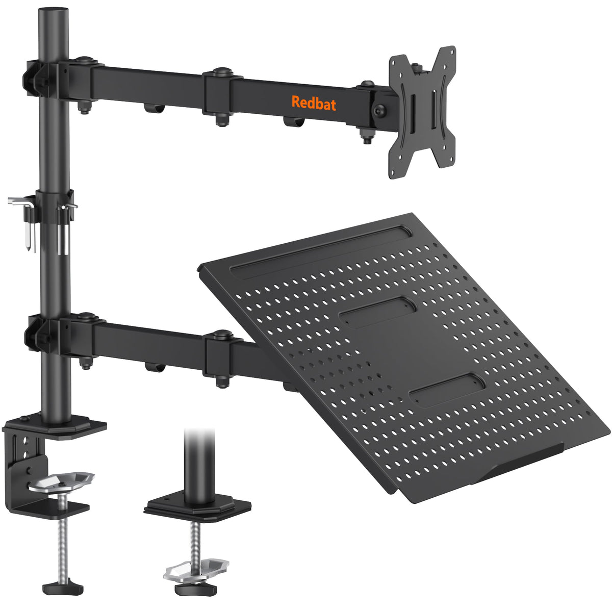 Support moniteur et ordinateur portable Redbat pour écrans LCD/LED de 13 à 32 pouces, bras articulé réglable avec plateau pour ordinateur portable jusqu'à 16 pouces, compatible VESA 75/100 mm, 2 options de montage