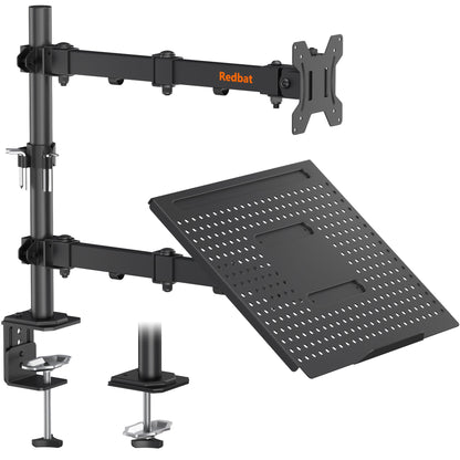 Support moniteur et ordinateur portable Redbat pour écrans LCD/LED de 13 à 32 pouces, bras articulé réglable avec plateau pour ordinateur portable jusqu'à 16 pouces, compatible VESA 75/100 mm, 2 options de montage