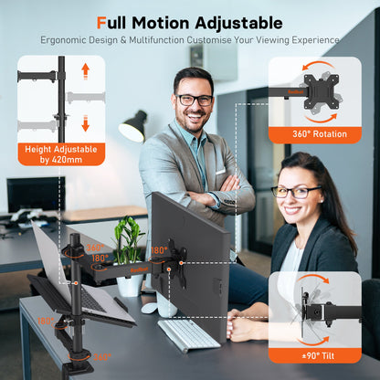 Support moniteur et ordinateur portable Redbat pour écrans LCD/LED de 13 à 32 pouces, bras articulé réglable avec plateau pour ordinateur portable jusqu'à 16 pouces, compatible VESA 75/100 mm, 2 options de montage