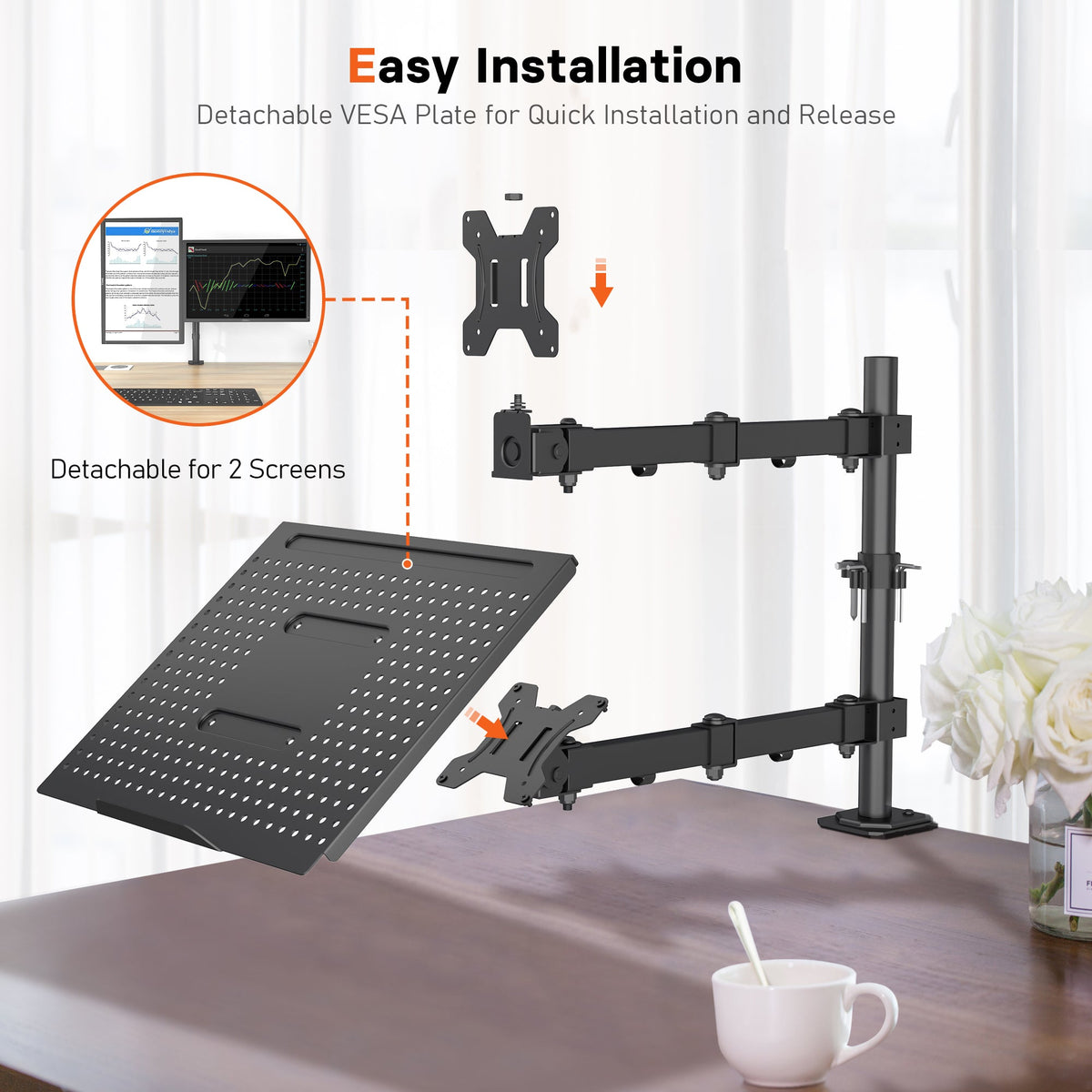 Support moniteur et ordinateur portable Redbat pour écrans LCD/LED de 13 à 32 pouces, bras articulé réglable avec plateau pour ordinateur portable jusqu'à 16 pouces, compatible VESA 75/100 mm, 2 options de montage