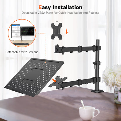 Support moniteur et ordinateur portable Redbat pour écrans LCD/LED de 13 à 32 pouces, bras articulé réglable avec plateau pour ordinateur portable jusqu'à 16 pouces, compatible VESA 75/100 mm, 2 options de montage