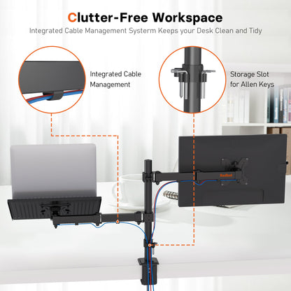 Support moniteur et ordinateur portable Redbat pour écrans LCD/LED de 13 à 32 pouces, bras articulé réglable avec plateau pour ordinateur portable jusqu'à 16 pouces, compatible VESA 75/100 mm, 2 options de montage