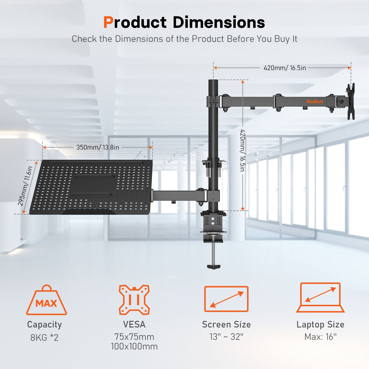 Support moniteur et ordinateur portable Redbat pour écrans LCD/LED de 13 à 32 pouces, bras articulé réglable avec plateau pour ordinateur portable jusqu'à 16 pouces, compatible VESA 75/100 mm, 2 options de montage
