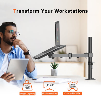 Bras pour ordinateur portable Redbat pour ordinateur portable jusqu'à 17 pouces, bras réglable en hauteur pour bureau supportant jusqu'à 8 kg, support pour ordinateur portable avec 2 options de montage, VESA 75/100 pour écran de 13 à 32 pouces