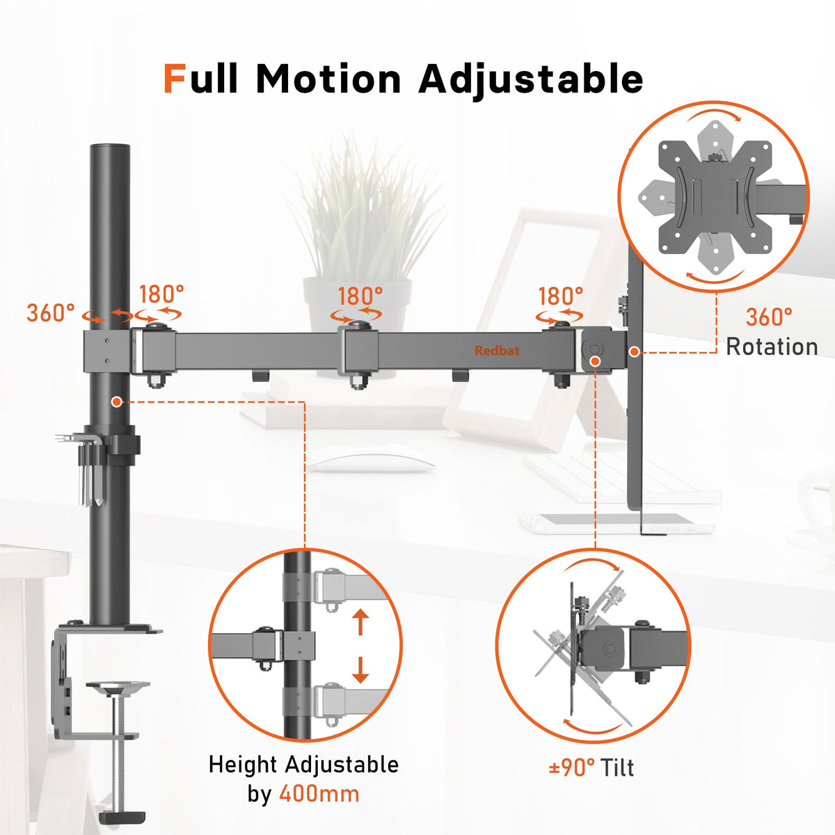 Bras pour ordinateur portable Redbat pour ordinateur portable jusqu'à 17 pouces, bras réglable en hauteur pour bureau supportant jusqu'à 8 kg, support pour ordinateur portable avec 2 options de montage, VESA 75/100 pour écran de 13 à 32 pouces
