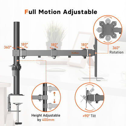 Bras pour ordinateur portable Redbat pour ordinateur portable jusqu'à 17 pouces, bras réglable en hauteur pour bureau supportant jusqu'à 8 kg, support pour ordinateur portable avec 2 options de montage, VESA 75/100 pour écran de 13 à 32 pouces
