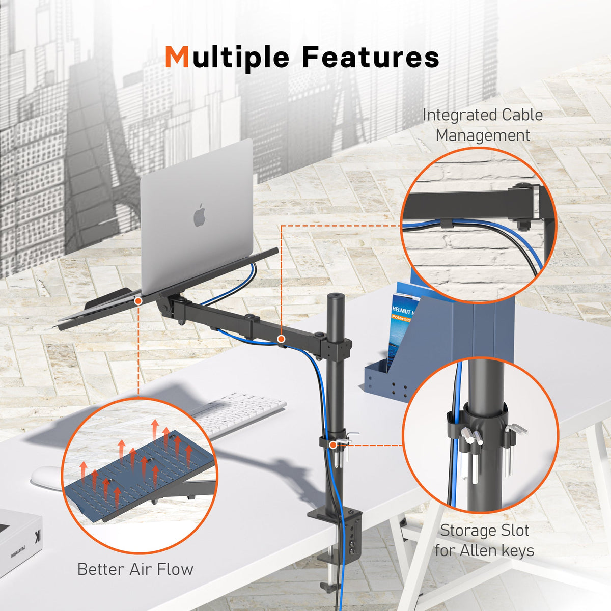 Bras pour ordinateur portable Redbat pour ordinateur portable jusqu'à 17 pouces, bras réglable en hauteur pour bureau supportant jusqu'à 8 kg, support pour ordinateur portable avec 2 options de montage, VESA 75/100 pour écran de 13 à 32 pouces