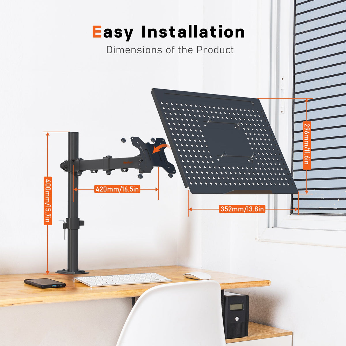 Bras pour ordinateur portable Redbat pour ordinateur portable jusqu'à 17 pouces, bras réglable en hauteur pour bureau supportant jusqu'à 8 kg, support pour ordinateur portable avec 2 options de montage, VESA 75/100 pour écran de 13 à 32 pouces