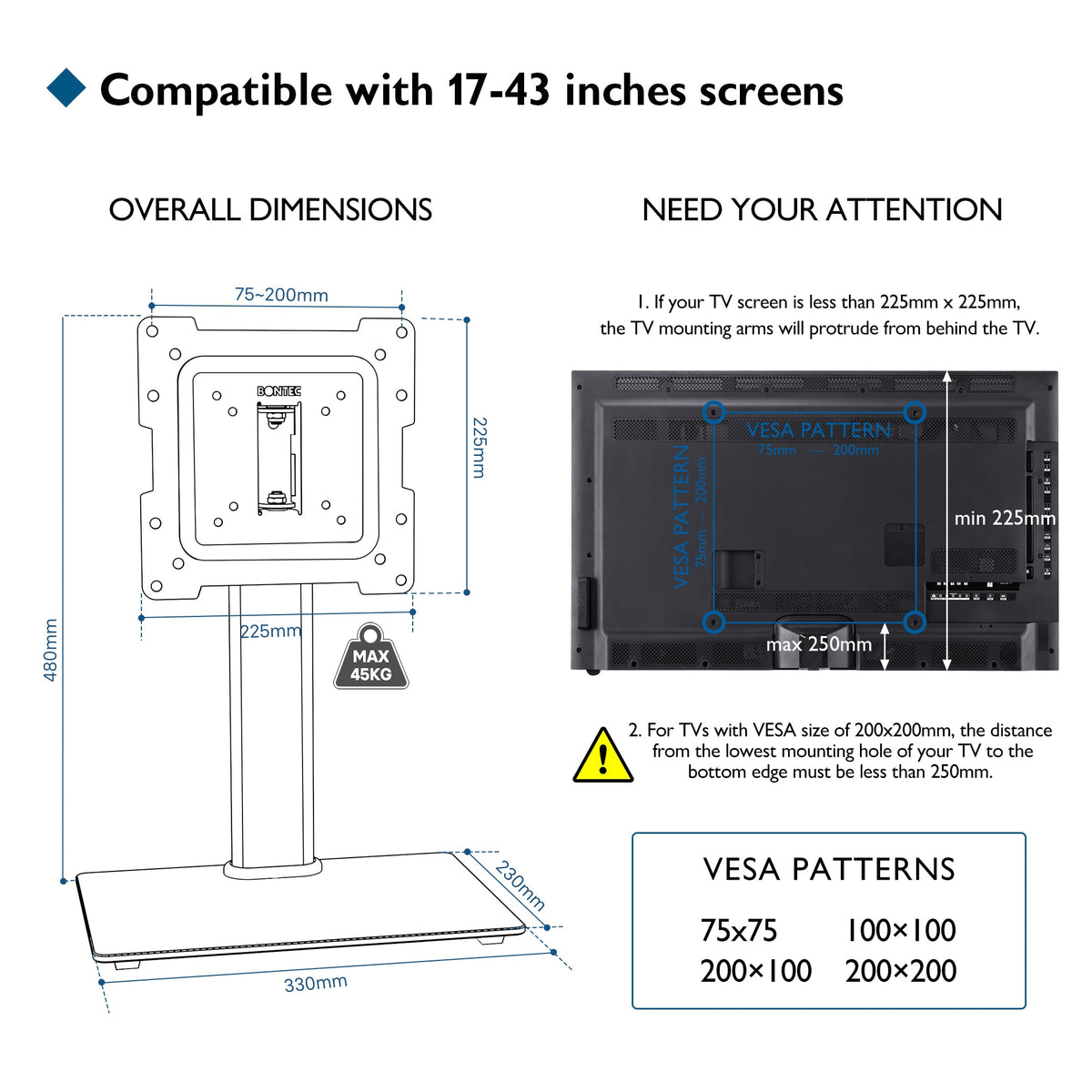 BONTEC Universal Swivel TV Stand for 17-43 inch Screens, Height Adjustable Table Top Pedestal TV Stand for LCD/LED/OLED/Plasma/Curved TVs up to 45kg, 2 Cable Ties Included