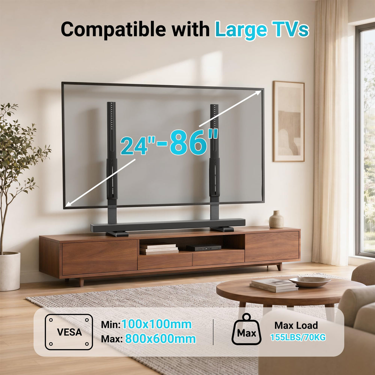 BONTEC Universal TV Stand for 24-86 inch TVs, 70 kg Load, VESA 100x100-800x600 mm, 7 Height Levels, Anti-Tip Safety Strap, Hidden Support Feet, Table Top TV Stand with TV Legs for Living Room