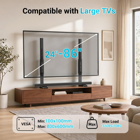 BONTEC Universal TV Stand for 24-86 inch TVs, 70 kg Load, VESA 100x100-800x600 mm, 7 Height Levels, Anti-Tip Safety Strap, Hidden Support Feet, Table Top TV Stand with TV Legs for Living Room