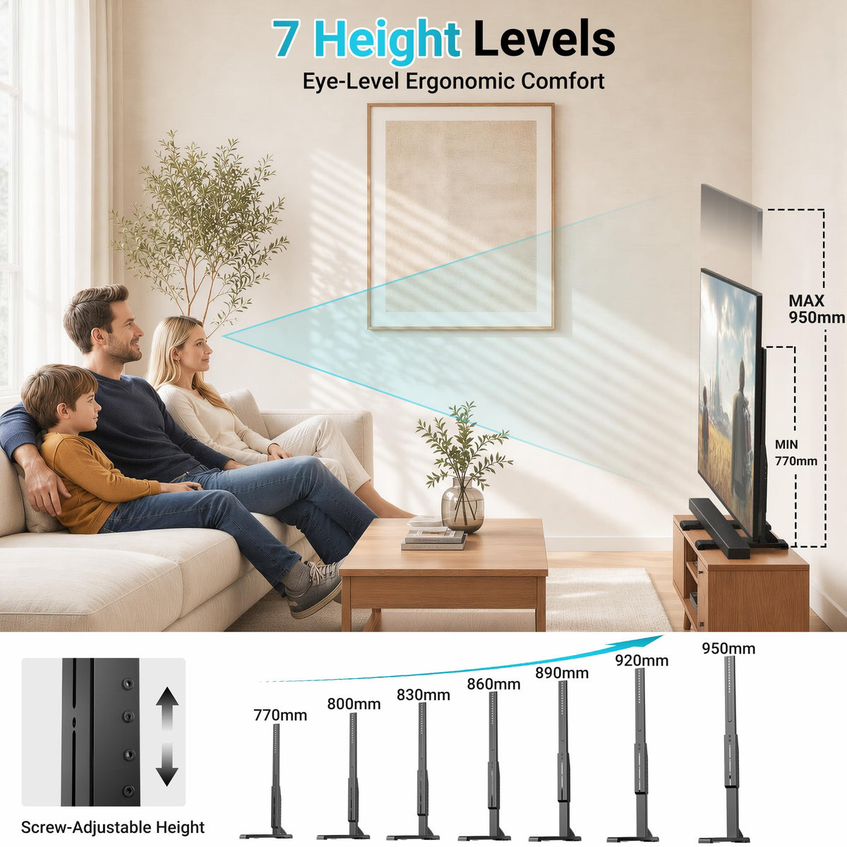 BONTEC Universal TV Stand for 24-86 inch TVs, 70 kg Load, VESA 100x100-800x600 mm, 7 Height Levels, Anti-Tip Safety Strap, Hidden Support Feet, Table Top TV Stand with TV Legs for Living Room
